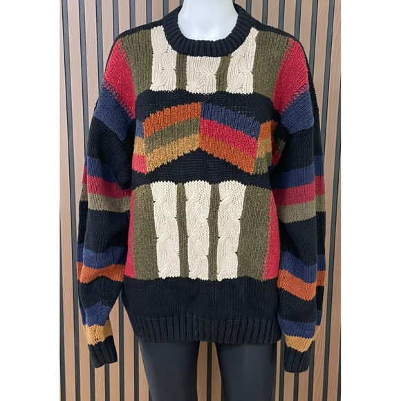 Duplex Men's L Black Sweater Ramie Pullover Cable-Knit Cosby 80s Y2K Vintage Dad